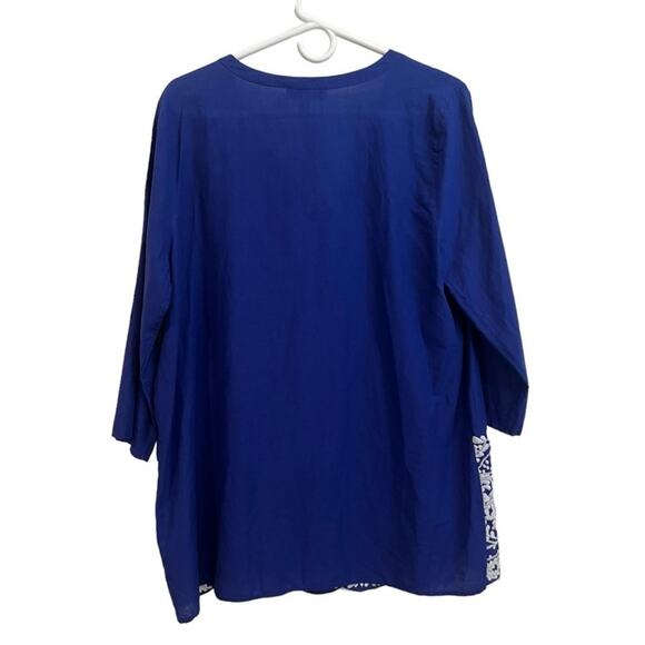 Chaus New York Womens L Blue Long Sleeve Embroidered Tunic Lagenlook Blouse Boho - Picture 2 of 9